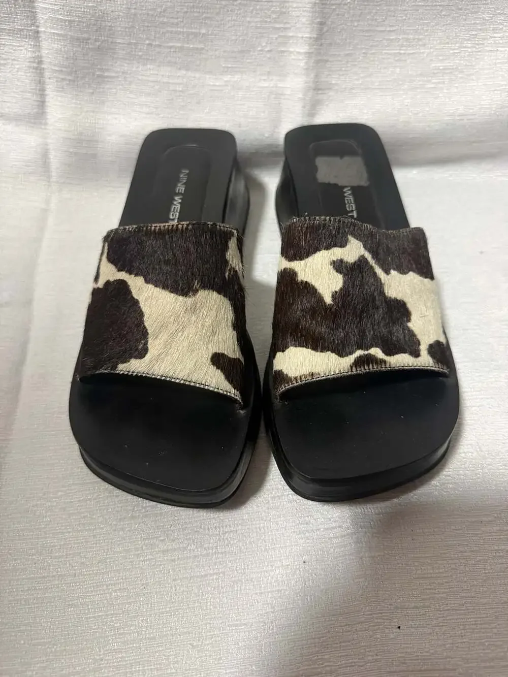 Nine West Women's Cow Print Ponyhair Platform Slide Sandals